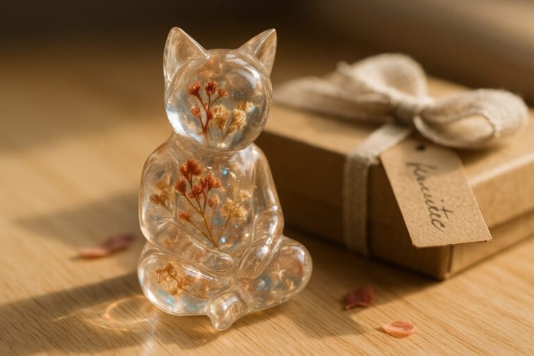 figurine en resine: pièces miniatures artisanales qui capturent lumière et poésie. Chaque pièce associe transparence, fleurs séchées et pigments, finitions faites main. Un cadeau unique, reflet d’art et de savoir-faire pour les amateurs de résine et de design.