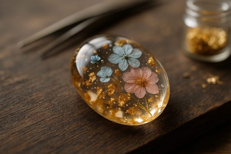 Bijoux en resine epoxy faits main : transparence, couleur et lumière qui donnent vie à chaque pièce. Inclusions fleurs séchées, feuilles d’or et finitions soignées pour des créations uniques et poétiques. L’art du fait main qui transforme la résine en une œuvre portable et intemporelle.