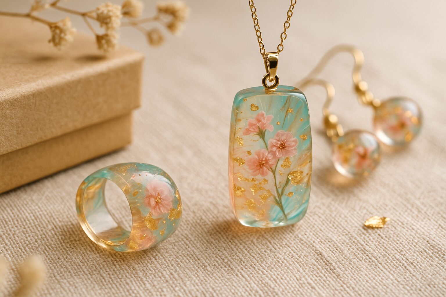 Bijoux en resine liquide faits main : bagues, pendentifs et boucles qui capturent transparence, couleur et lumière. Chaque pièce est une œuvre artisanale unique, agrémentée de fleurs sèches, feuilles d’or et pigments pour un style poétique et durable.