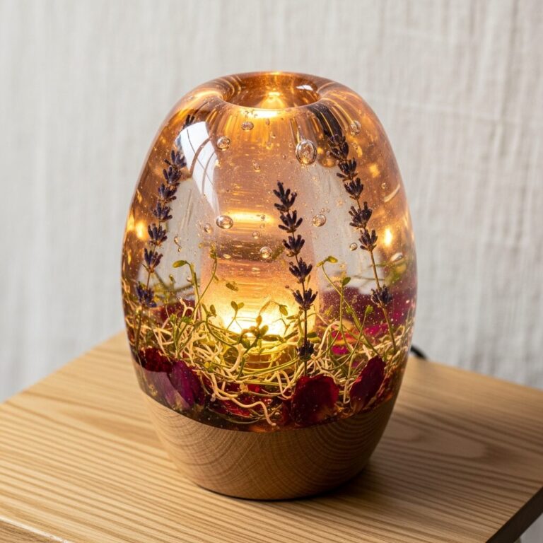 Lampe resine: une lumière qui révèle transparence et art du fait main. Lampes en résine avec fleurs séchées, pigments irisés et finitions soignées. Chaque pièce est unique, poétique et lumineuse, prête à sublimer votre intérieur tout en racontant une histoire artisanale.