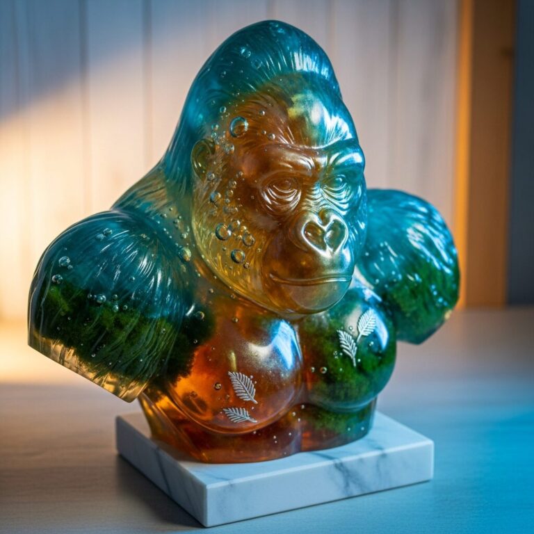Découvrez notre gorille en résine, pièce d’art faite main qui allie transparence et couleur. Une sculpture unique, racontant l’union de la nature et du design moderne — parfait pour sublimer votre collection de résine artisanale. Idéal pour les collectionneurs cherchant le gorille en resine fait main.