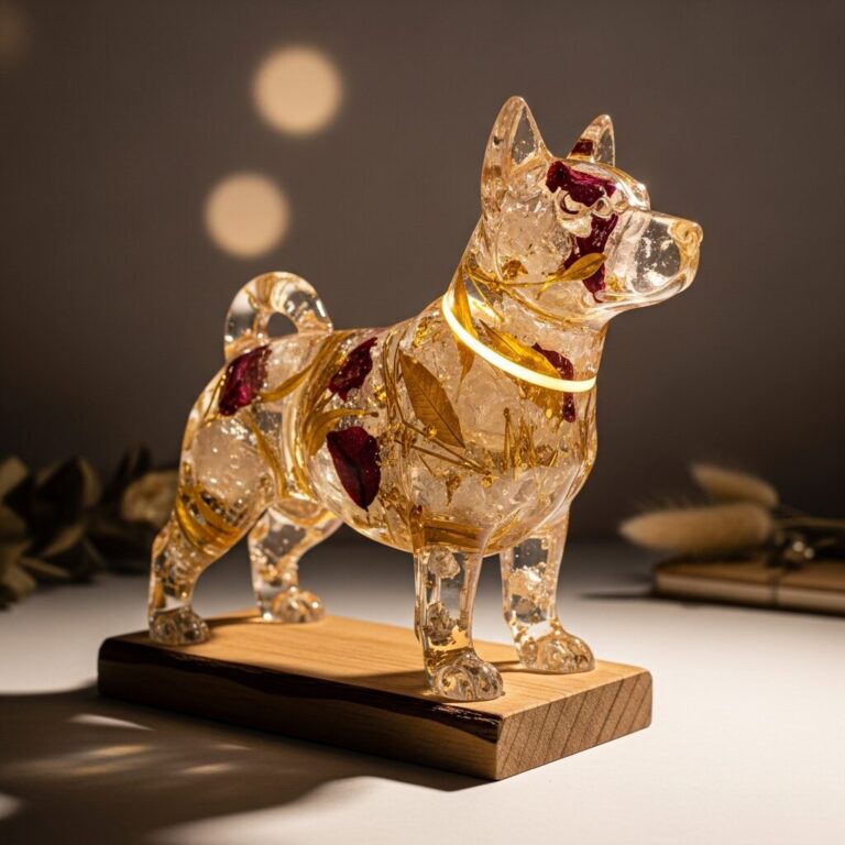 Chien en resine — pièces artisanales faites main en résine époxy. Sculptures lumineuses, finitions soignées et inclusions délicates pour une décoration unique ou un cadeau rare. L’art et la nature fusionnent pour capturer l’expression du chien en resine.