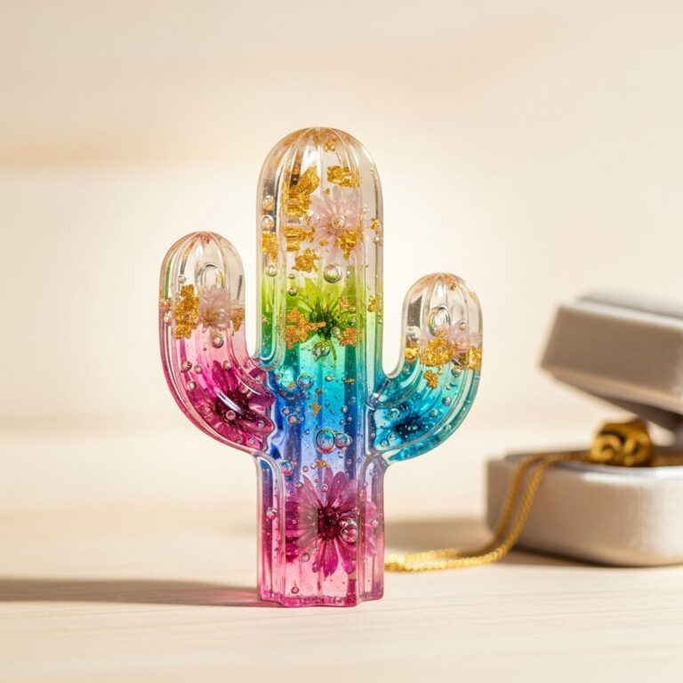 cactus en resine: pièce artisanale faite main qui mêle transparence et couleur. Chaque détail est moulé avec soin et enrichi d’inclusions, faisant de chaque cactus une pièce unique et durable. Parfaite déco poétique ou bijou d’exception racontant votre histoire. Artisanat moderne et lumineux.