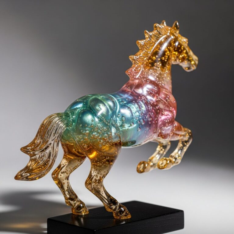 Cheval en resine, pièce artisanale et unique qui sublime la légèreté du matériau. Chaque sculpture raconte une histoire — transparence, couleur et mouvement — réalisée à la main avec des finitions soignées. Parfait comme bijou d'art ou objet décoratif, conçu pour durer.