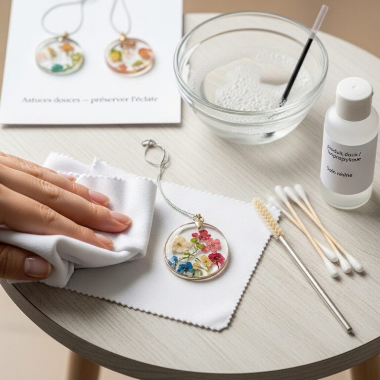 Découvrez comment nettoyer resine epoxy sans abîmer vos bijoux faits main. Astuces douces, produits adaptés et gestes simples pour préserver l’éclat et la transparence des pièces en résine époxy.