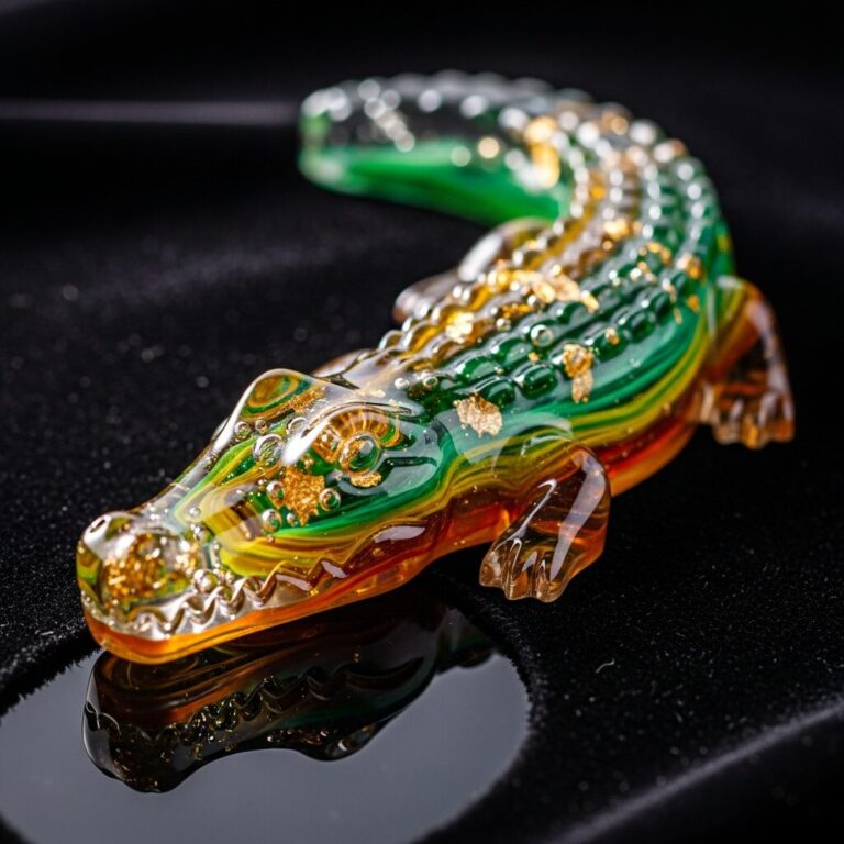 Crocodile en résine: pièce artisanale unique et légère. Détail et couleur se mêlent dans une création faite main, translucide et expressive. Résine epoxy, édition limitée - parfait bijou statement ou objet déco pour sublimer votre look.