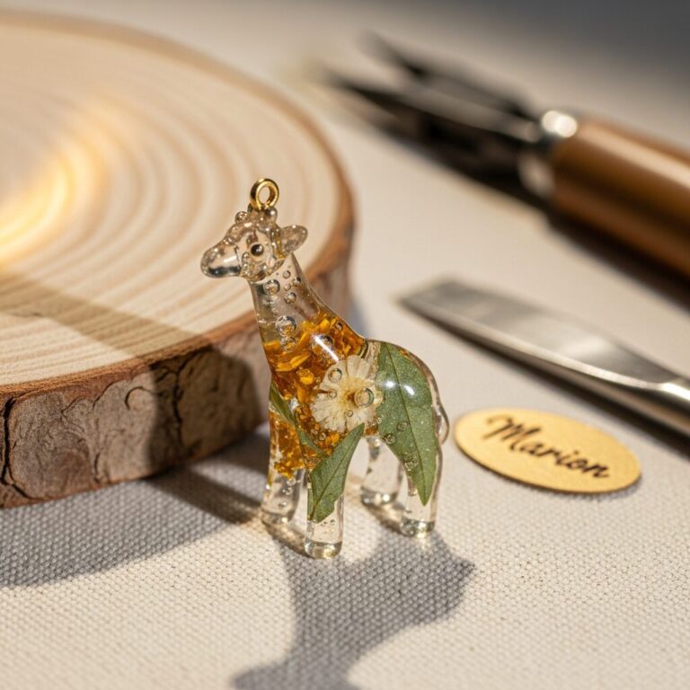 girafe en resine: bijou artisanal unique, translucide et léger, façonné à la main avec inclusions délicates. Chaque pièce raconte une histoire de lumière et de nature. Découvrez l’élégance du fait main et la magie des résines chez Marion, experte en résine.