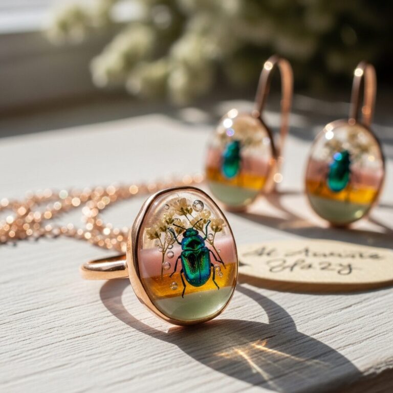 Découvrez l'insecte dans resine sublimé en bijou fait main : bagues, colliers et boucles avec inclusions d'insectes, fleurs et pigments. Transparence élégante, artisanat authentique et histoires poétiques à chaque pièce.
