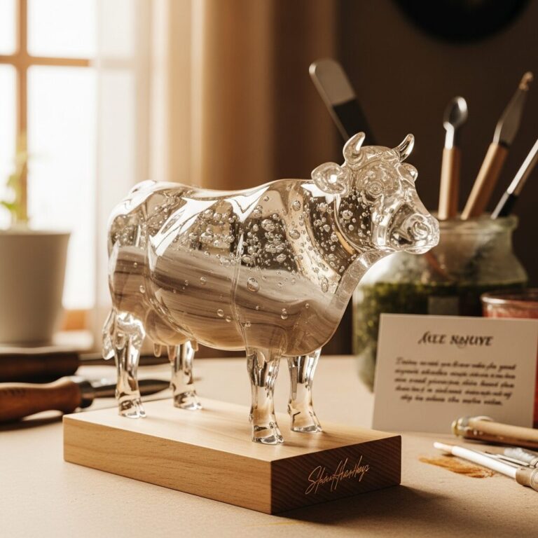 Vache en resine: sculpture artisanale unique, façonnée à la main avec précision et transparence. Pièce décorative idéale pour sublimer votre intérieur ou offrir un cadeau original. Découvrez le travail de la résine et l’histoire derrière chaque création.
