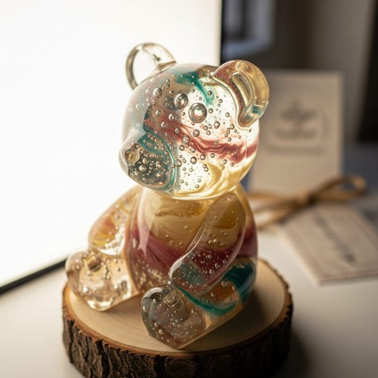 Découvrez ours en resine, une pièce artisanale qui allie transparence et douceur. Nos créations moulées à la main capturent la lumière et l'éclat des pigments, pour un bijou décoratif unique ou un cadeau poétique. Faites main, durable et plein d'histoire.